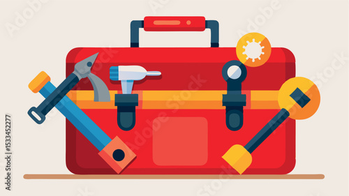 Tools gathered in a bright red toolbox ready for repair tasks at home