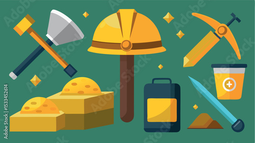 Mining tools and treasures displayed in a vibrant design