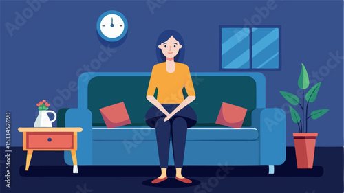 Woman sitting on a couch in a cozy living room during evening