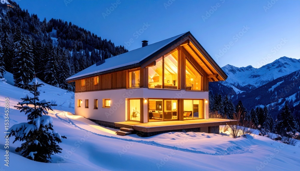 Cozy mountain chalet at twilight Cozy mountain chalet at twilight
