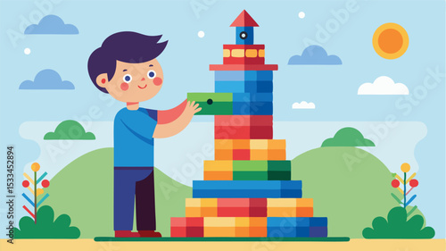 Child building a colorful tower with blocks in a sunny outdoor setting