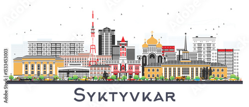 Syktyvkar Russia city skyline with color buildings isolated on white. Syktyvkar cityscape with landmarks. Travel and tourism concept with modern and historic architecture.