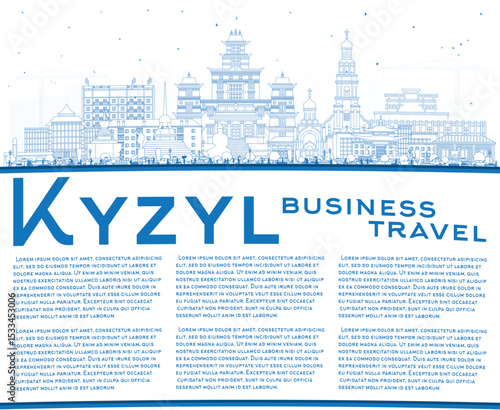 Outline Kyzyl Russia city skyline with blue buildings and copy space. Kyzyl cityscape with landmarks. Travel and tourism concept with modern and historic architecture.