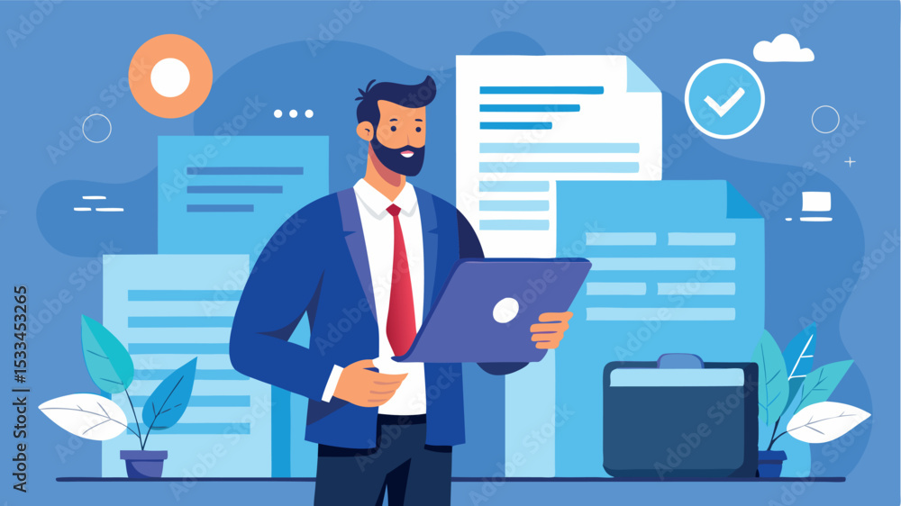 Businessman using laptop in an office setting analyzing reports during daytime Businessman using laptop in an office setting analyzing reports during daytime