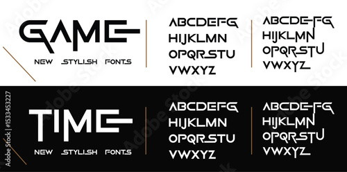 Modern font digital game alphabet made segment line, trendy letters A, B, C, D, E, F, G, H, I, J, K, L, M, N, O, P, Q, R, S, T, U, V, W, X, Y, Z and numerals 0, 1, 2, 3, 4, 5, 6, 7, 8, 9