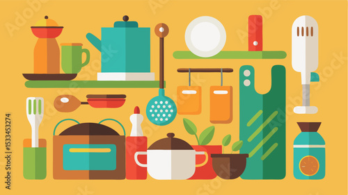 Kitchen tools and utensils displayed on bright yellow background showcasing cooking essentials and vibrant color scheme