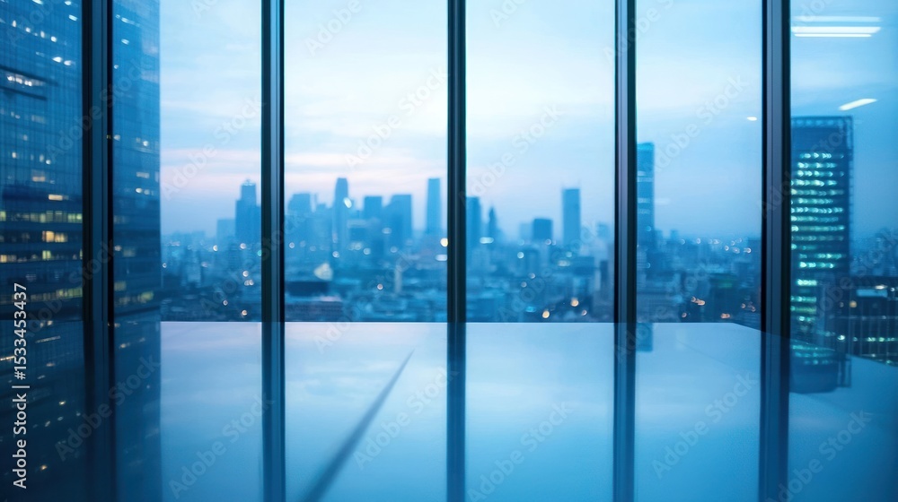 Fototapeta premium A modern office building with a glass facade and a view of the city skyline at dusk.