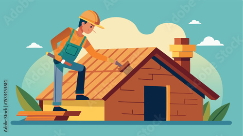 Worker repairing the roof of a house in a sunny environment