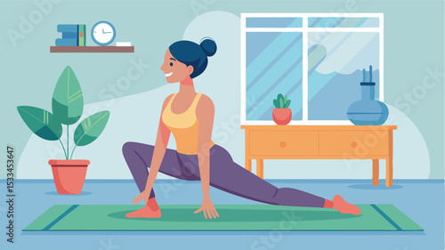Woman practicing yoga in a bright living room surrounded by plants and natural light during the day