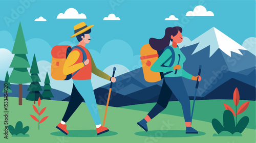 Hikers enjoying a trail in a picturesque mountain landscape