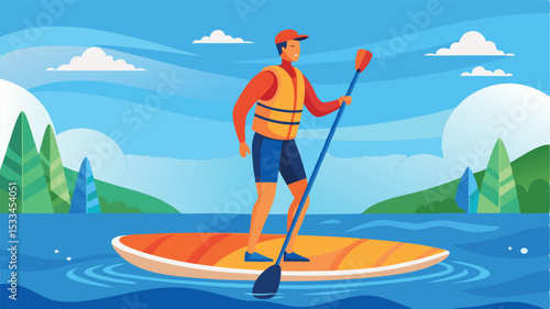 Paddleboarding on a serene lake with clear skies and lush greenery
