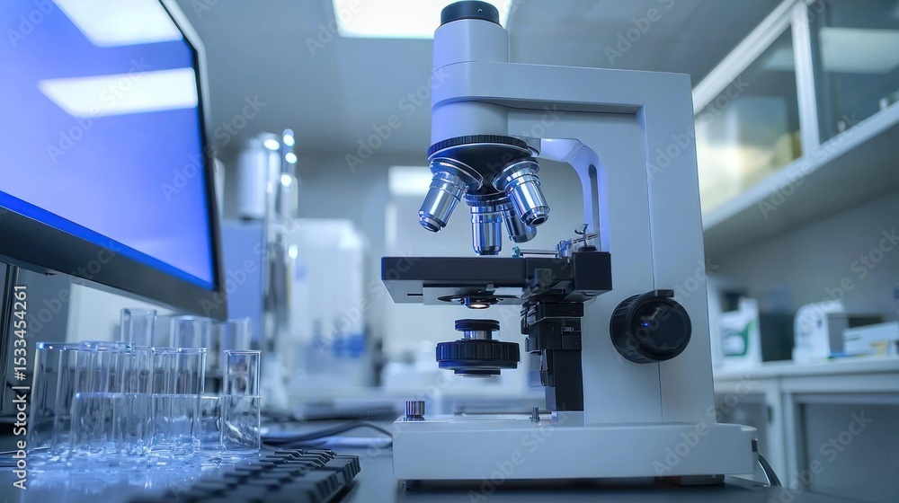 A modern laboratory with a microscope and test tubes in the foreground, with a computer monitor and shelves in the background. A modern laboratory with a microscope and test tubes in the foreground, with a computer monitor and shelves in the background.