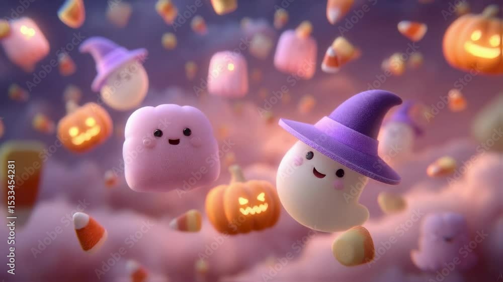 Cute Halloween Ghost and Marshmallow Friends Floating in Candy Corn Clouds