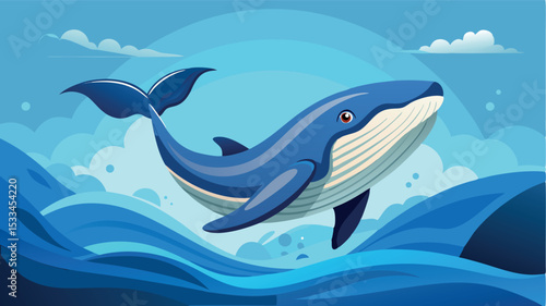 Colorful digital illustration of a whale swimming in the ocean, showcasing vibrant waves and a bright sky