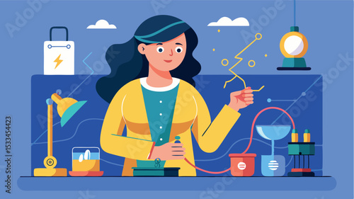 Young girl conducting science experiments in a colorful lab environment during daytime