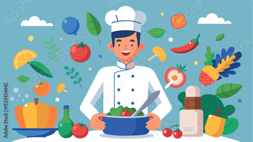 Chef preparing a fresh salad with colorful ingredients in a bright kitchen