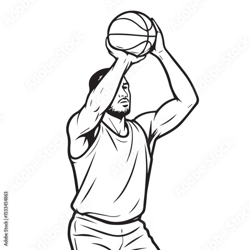 A minimalist black and white vector illustrates a male basketball player driving forward, with bold outlines symbolizing speed, confidence, and sportsmanship.