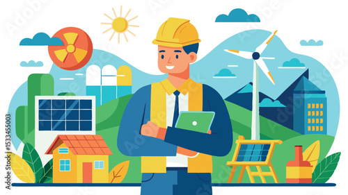 Worker in a hard hat stands in front of renewable energy sources and a landscape with buildings and plants