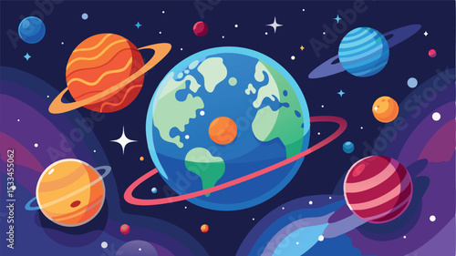 Colorful representation of the solar system with planets and stars in a vibrant cosmic background