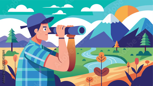 Hiker observing nature through binoculars in a mountain landscape during daytime