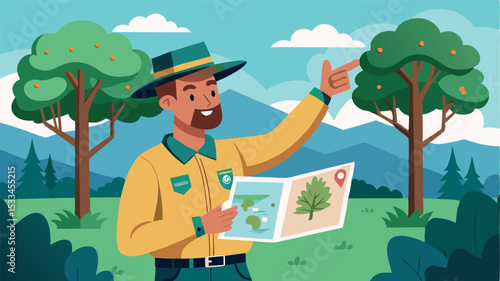 Park ranger shares nature guide while pointing out trees in a scenic landscape