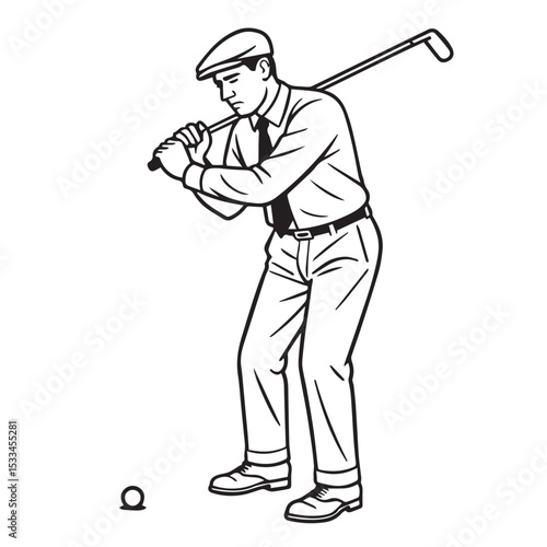 Outlined in clean black lines, the vector captures a male golf athlete in action, showcasing poise, power, and professional sportsmanship.

