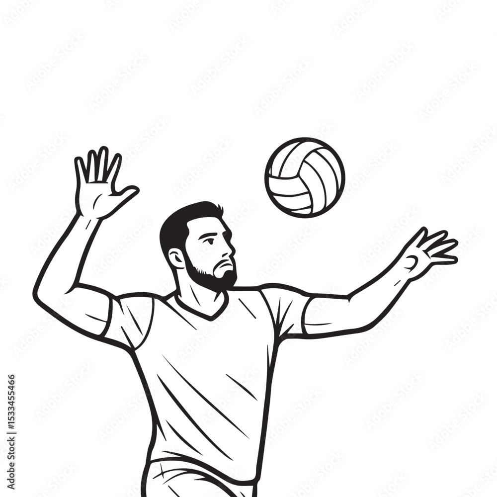 Fototapeta premium A professional volleyball player is depicted in black and white, his pose and form defined by bold black outlines to show precision and skill.