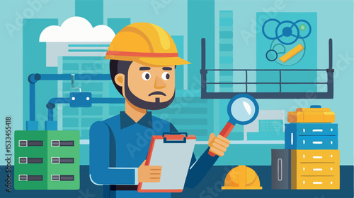 Worker in safety gear inspects equipment in modern workshop during daytime