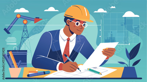 Engineer reviewing construction plans in an office environment