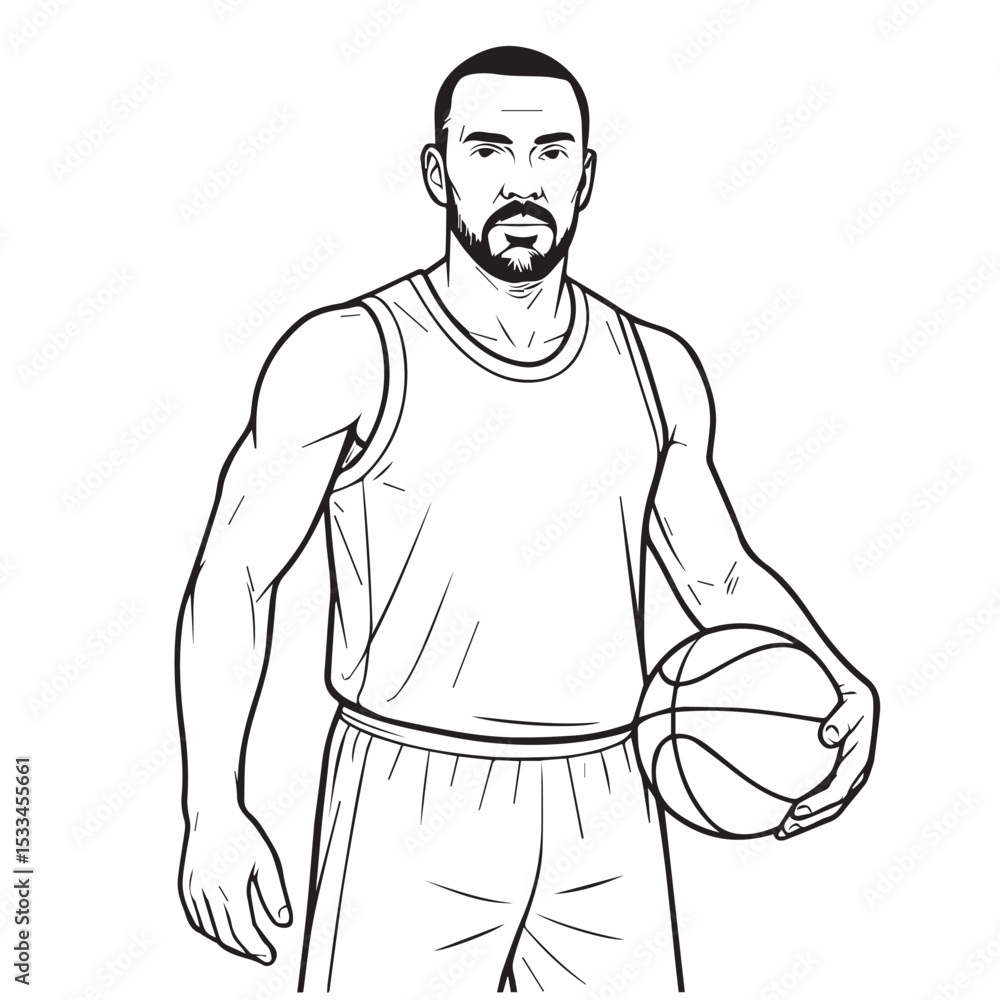 Fototapeta premium A black and white vector shows a male basketball player mid dribble, outlined in bold black lines to highlight power, movement, and control.