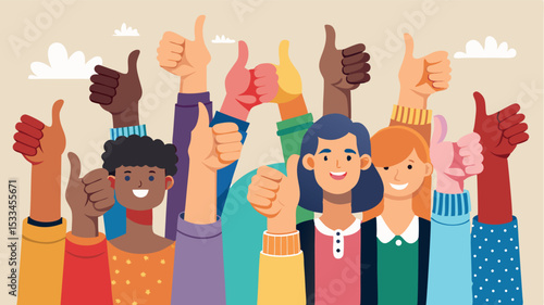 Diverse group of people celebrating with raised thumbs