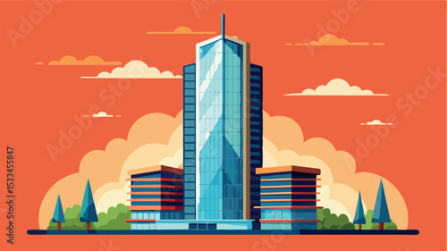 Modern office building under a vibrant sky with clouds