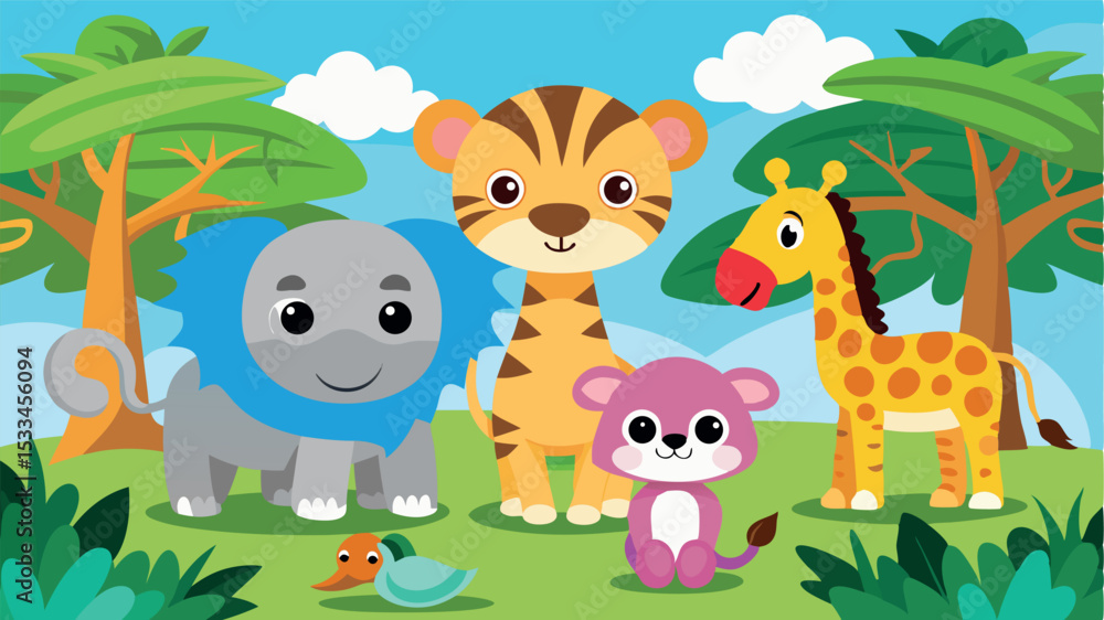 Naklejka premium Colorful cartoon animals in a vibrant jungle setting with trees and sky