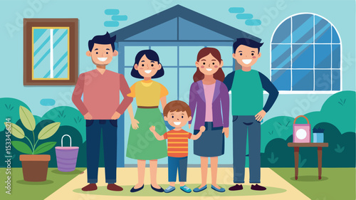 Family gathers happily in front of their home during a sunny day