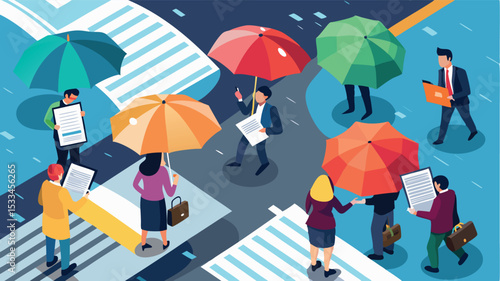 People walking with umbrellas during rainy day at city intersection while holding documents