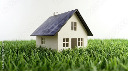 Wallpaper Mural A white house with a solar panel on its roof, standing on a lush green lawn with a white background. Torontodigital.ca