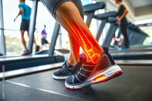 Active Legs on Treadmill Highlighted with Glowing Muscle Lines in Gym Setting
