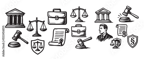 Law and Justice Icons Set with Gavel, Scales, Courthouse, and Briefcase Vector Illustration