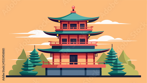 Traditional Asian pagoda stands among trees at sunset