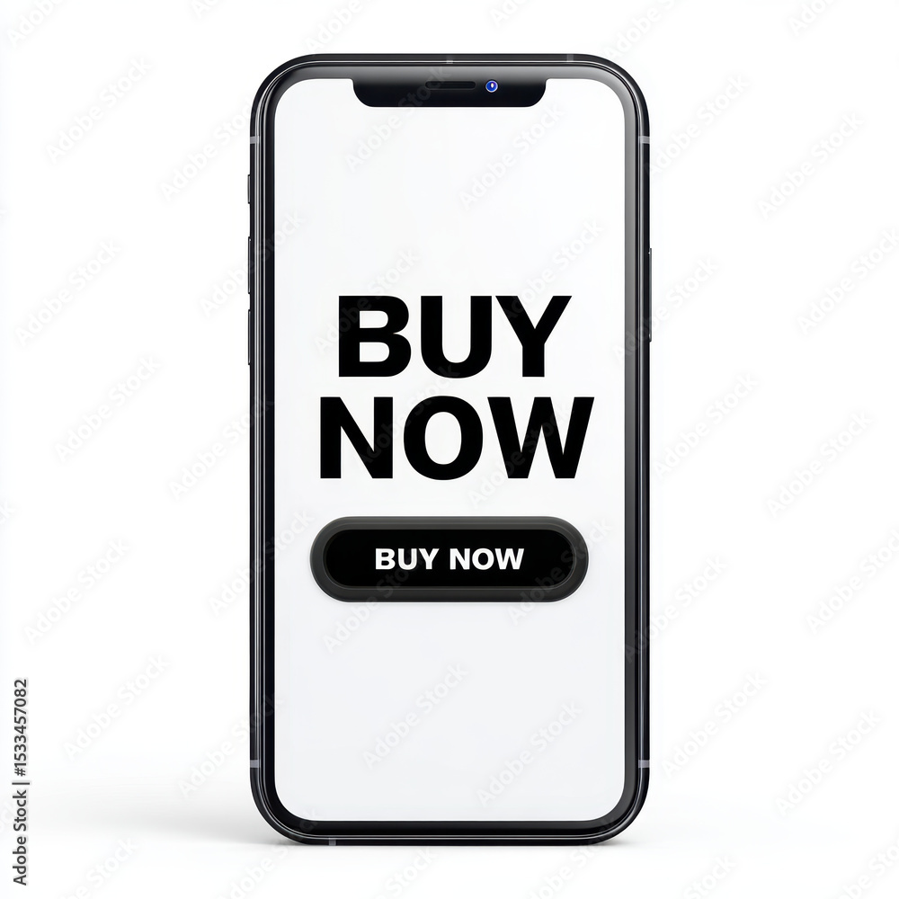 Naklejka premium Buy now button on smartphone screen for online shopping and digital purchase prompt