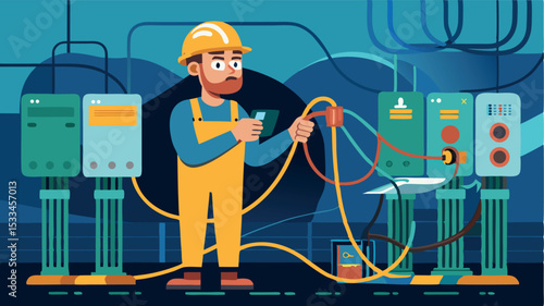 Electrician working on control panels in a workshop setting