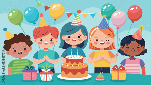 Children celebrate a birthday with cake and balloons in a colorful setting
