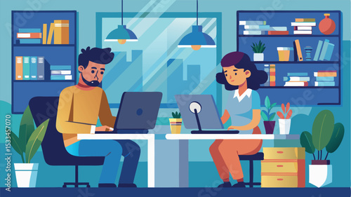 Focused coworkers collaborating in a modern office setting with plants and bookshelves