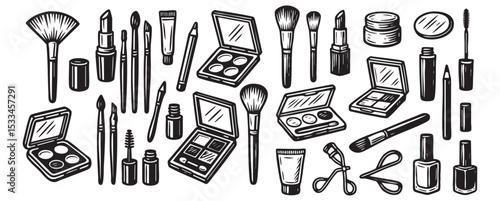 Makeup Tools Set with Brushes, Lipstick, Eyeshadow Palette, and Scissors Black and White Vector Illustration