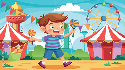 Joyful child enjoying a funfair with colorful lollipops in hand at a vibrant amusement park