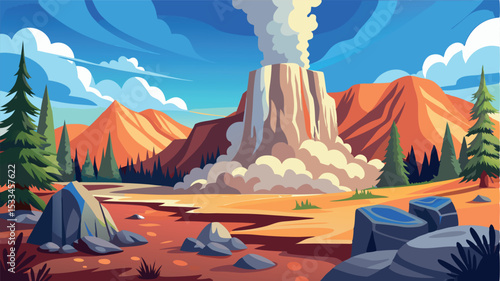 Majestic volcanic eruption in a painted landscape at sunset