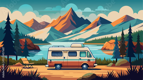 Traveling through mountain landscapes in a camper van surrounded by nature during a vibrant sunset