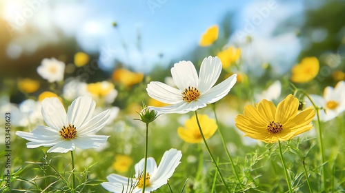 A vibrant field of colorful flowers basking in sunlight, showcasing white and yellow blooms swaying gently in the breeze under a clear blue sky, perfect for nature enthusiasts.