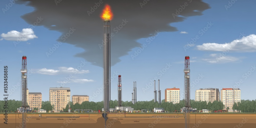 Fototapeta premium Green Energy and Climate Concept. Industrial Oil Field Scene with Gas Flare and Urban Background Under Cloudy Sky