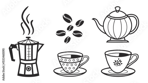 Silhouette Pictogram Set of Coffee Mugs in Various Styles   Vector Icons for Design and Illustration

